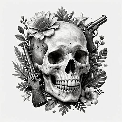 Monochrome digital tattoo-style drawing of a detailed skull surrounded by flowers, leaves, and two pistols, creating a striking, gothic composition.