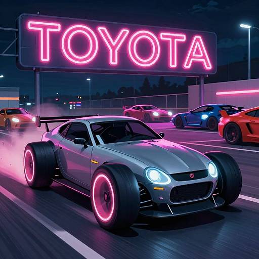 Photograph of a neon-lit nighttime highway scene with a silver Toyota Supra, glowing pink tires, and vividly colored cars under a pink 