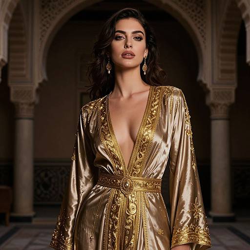 Photograph of a confident woman with wavy dark hair, wearing a deep V-neck, gold embroidered, long-sleeve robe, standing in a