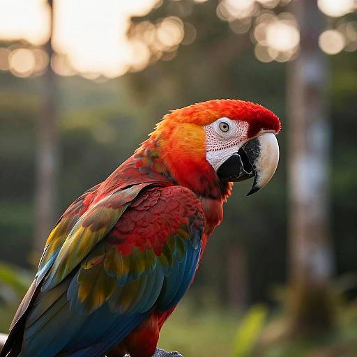 Photograph of a vibrant red and blue macaw with a black beak, white facial markings, and multicolored wings, set against a blurred