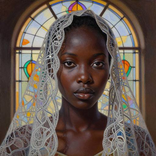 Photograph of a dark-skinned woman with lace veil, staring intensely, set against a colorful stained glass window. Elegant, serene, and powerful.