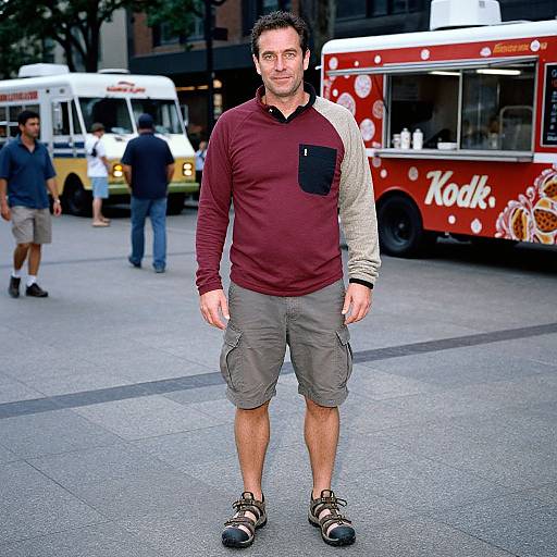 Photograph of a muscular man with short dark hair, wearing a maroon and beige long-sleeve shirt, gray cargo shorts, and black sandals