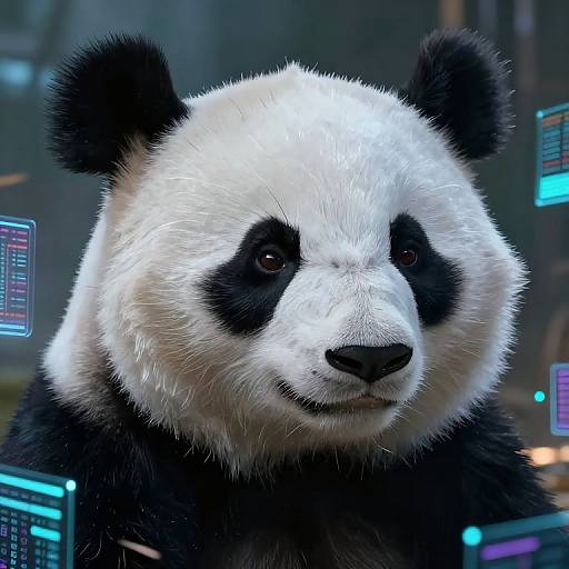 CGI image of a realistic panda bear with black and white fur, serious expression, surrounded by glowing blue and purple computer screens.