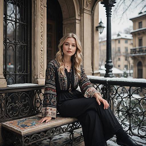 Blonde Woman in Bohemian Outfit on Old Balcony