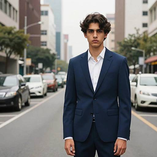 Photograph of a young man with wavy dark hair, wearing a dark blue suit and white shirt, standing in a urban street with cars and buildings