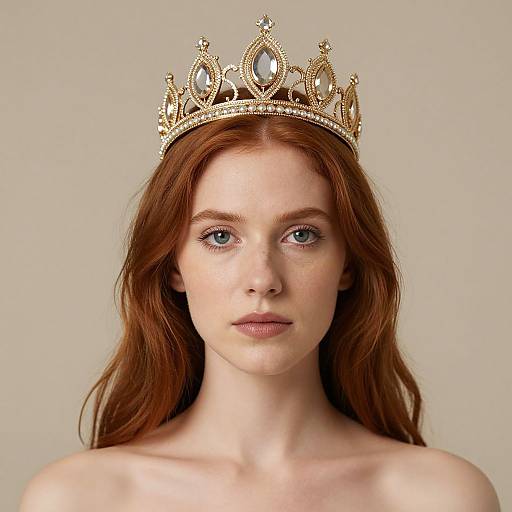 Photograph of a fair-skinned, red-haired woman with blue eyes, wearing an ornate, gold crown, against a plain beige background.