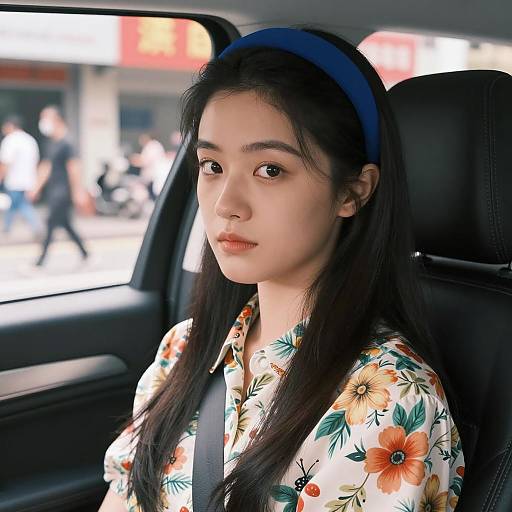 Asian Woman in Car with Blurry Background