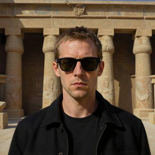 Photograph of a serious, light-skinned man with short brown hair, wearing black sunglasses and a black jacket, standing in front of an ancient,