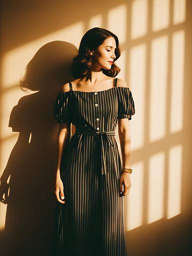 Woman in Casual Chic Off-Shoulder Pinstripe Dress