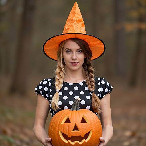 Photograph of a young woman with blonde braids, black polka-dot dress, orange witch hat, holding a carved jack-o'-lantern in