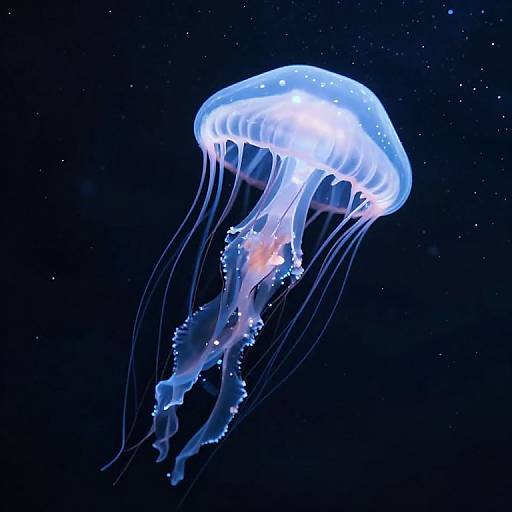 Photograph of a glowing, translucent blue jellyfish with long, flowing tentacles, floating in a dark, starry ocean.