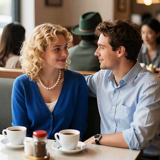 Couple Smiling in Cozy Restaurant Setting