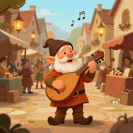 Cartoon leprechaun with white beard and black hat, playing lute on a quaint, bustling village street with colorful market stalls and lanterns