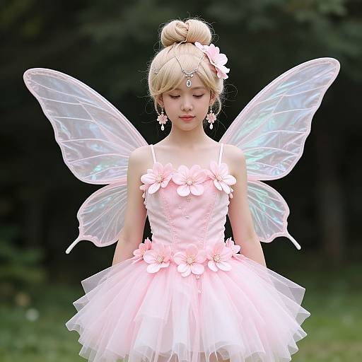 Photograph of a young Asian fairy with blonde hair, pink floral dress, and translucent wings, standing in a forest.