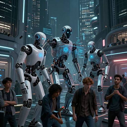 Digital CGI: futuristic city scene with four glowing blue robotic humans, surrounded by shocked, diverse humans in dark clothing, neon lights, and towering skyscrap