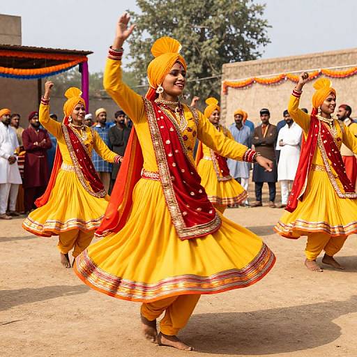 Photograph of a traditional Punjabi dance performance; women in yellow kurtas with red and gold borders, orange turbans, and gold jewelry,