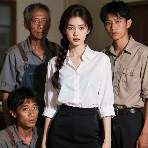 Photograph of four Asian individuals: an older man in overalls, two young men in casual shirts, and a young woman in a white blouse and