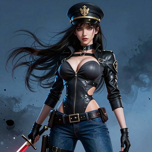Digital artwork of a fierce, black-haired woman in a police cap, revealing black leather outfit, holding a blood-stained knife, against a blue,