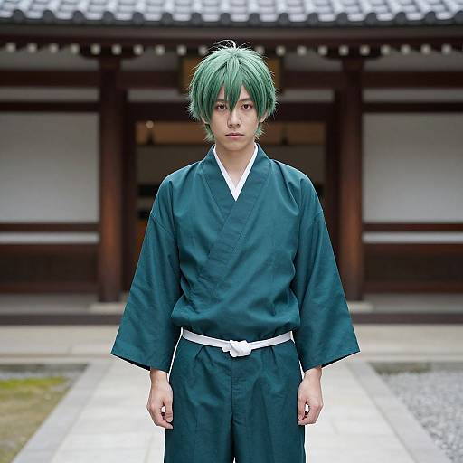 Photograph of a young Asian man with green hair, wearing a teal kimono with white belt, standing in front of a traditional Japanese building.