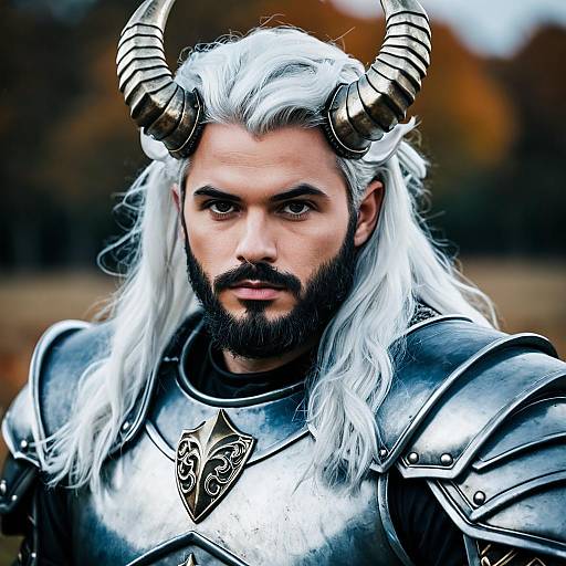 Man in Medieval Armor with Horned Helmet