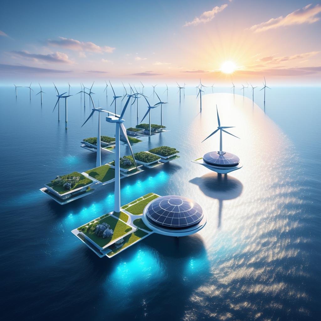 Futuristic Offshore Wind Farm at Sunrise