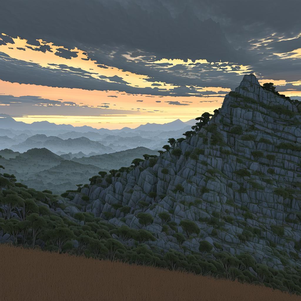 Tranquil Hills with Craggy Wireframe Escarpment