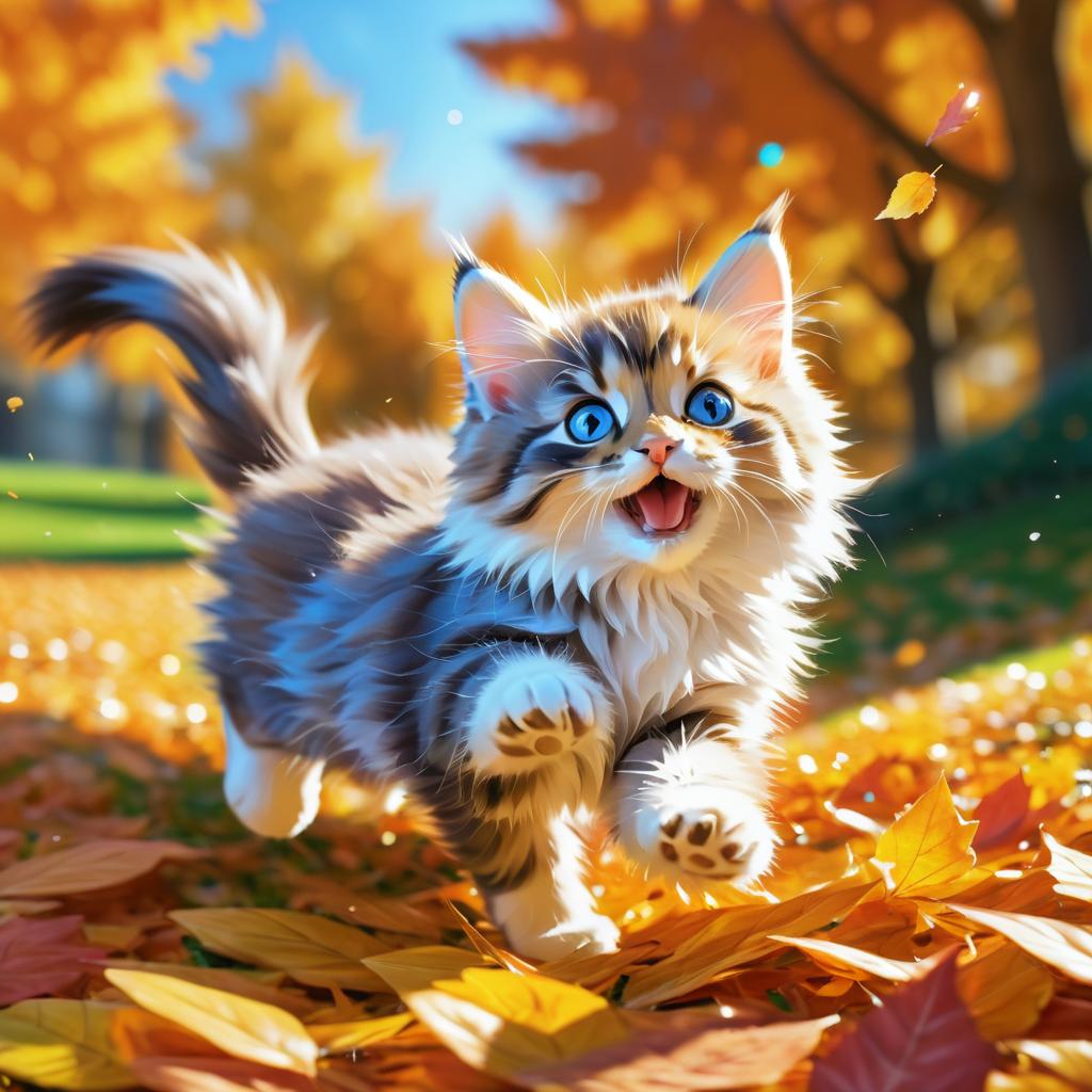 Playful Kitten Among Colorful Autumn Leaves