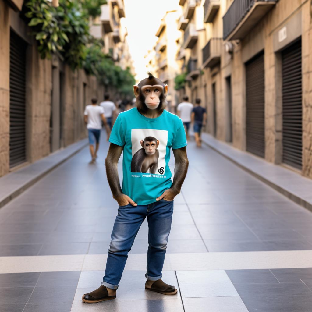 Young Monkey in Casual T-Shirt on Street