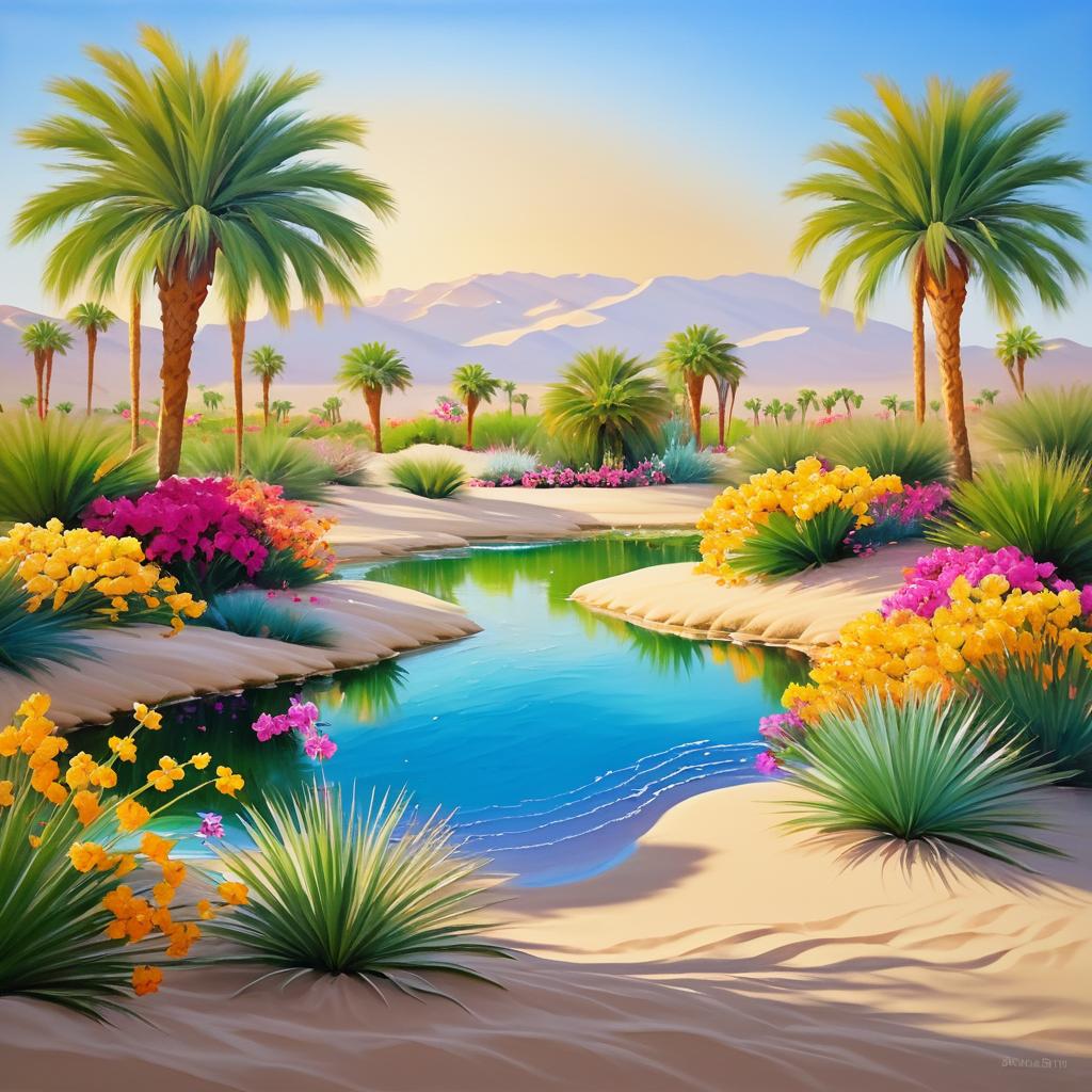 Floral Oasis with Palm Trees and Sand