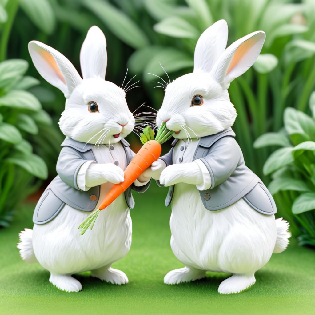 Cheerful Rabbits Sharing a Carrot