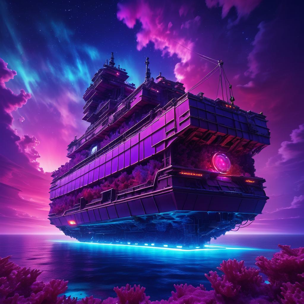 Cybernetic Cargo Ship Over Coral Reef