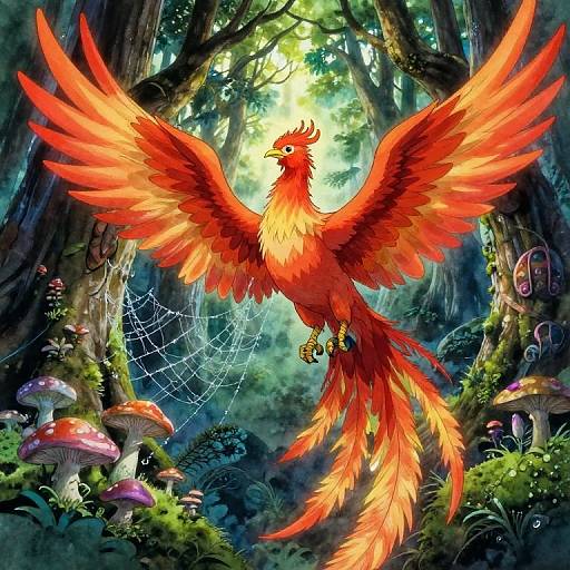Vibrant digital painting of a fiery red, orange, and yellow phoenix with outstretched wings, perched in a lush, enchanted forest with
