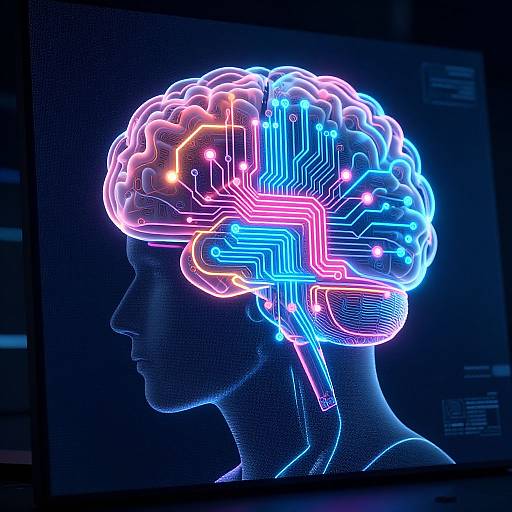 Neon-lit, digital illustration of a human profile with a glowing, circuitry-filled brain against a dark, tech-themed background. Bright blue,