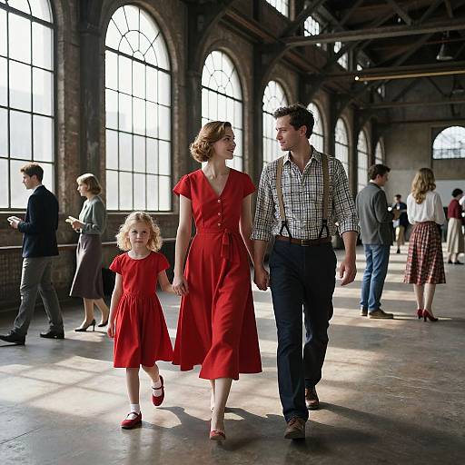 Photograph of a 1950s-style family: mother in red dress, father in checkered shirt, and daughter in matching red dress, walking