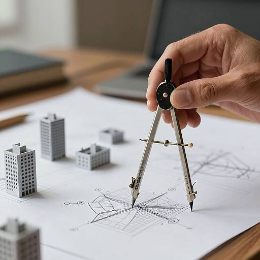 Photograph of a hand holding a protractor over architectural blueprint with three gray, cuboid buildings, measuring angles on white paper.