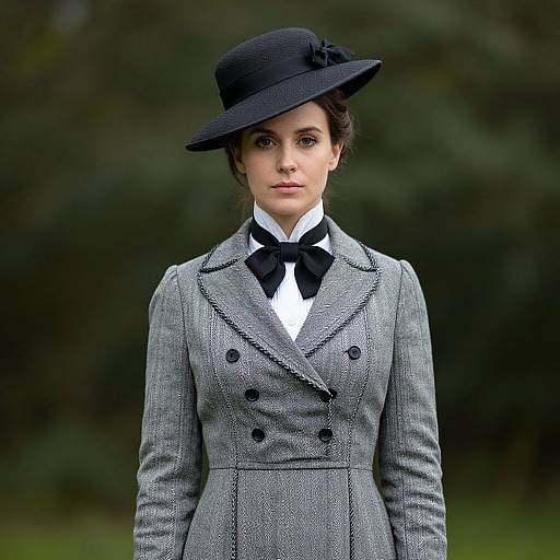 Photograph of a fair-skinned woman with dark hair wearing a black hat and grey, double-breasted Victorian-style suit with black bow tie, standing