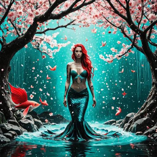Surreal Mermaid Under Cherry Blossom Tree