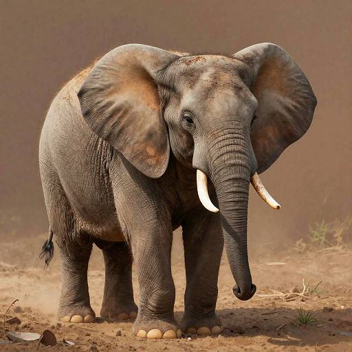 Photograph of a young African elephant with large ears, white tusks, and dusty gray skin, standing on dry, brown, sandy ground.