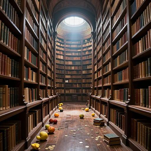Photograph of a dimly lit, grand library aisle with tall, dark wooden bookshelves on both sides, filled with books. Pumpkins and