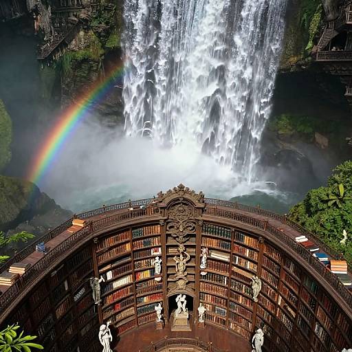 Photograph of grand library with intricately carved wooden shelves, statues, and waterfall backdrop; rainbow arcs over misty, cascading white water.