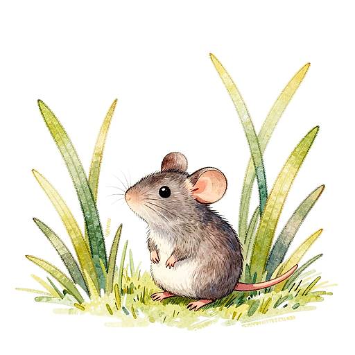 Watercolor illustration of a small, gray mouse with a white belly and pink ears, standing on green grass blades against a white background.