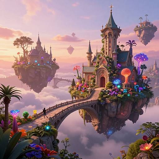 Whimsical digital fantasy artwork depicting floating, flower-adorned castle towers with a colorful, arched bridge, glowing mushrooms, and vibrant flowers at