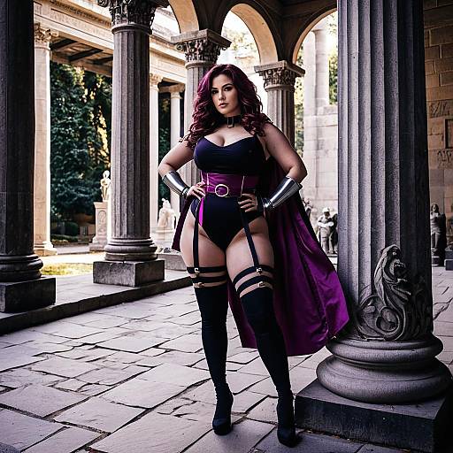 Curvy Woman in Purple Cosplay Outfit in Stone Courtyard