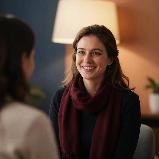 Smiling Woman Wearing Maroon Scarf Indoors