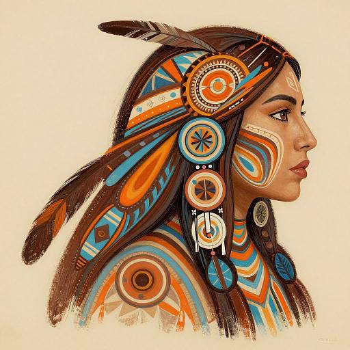 Digital illustration of a Native American woman in profile, adorned with vibrant orange, blue, and white tribal patterns and feathers.