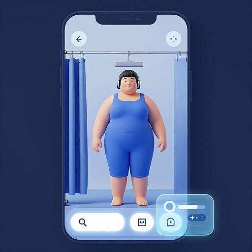 CGI image of a plus-sized woman in a blue tank top and shorts, standing in a shower stall, displayed on a smartphone screen with app interface
