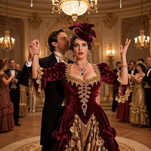 Photograph-style digital art of a striking woman in an elaborate, deep burgundy velvet gown, gold trim, and dramatic hat, dancing with a su