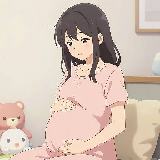 Anime-style digital drawing of a pregnant woman with long black hair, wearing a pink shirt, sitting on a couch, hands on her belly, with a