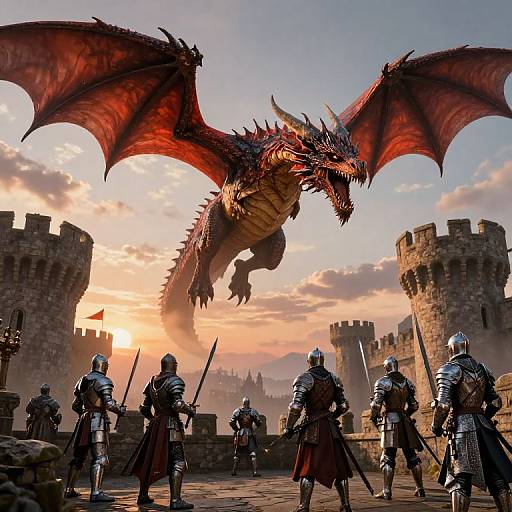 Digital artwork of armored knights facing a red dragon with outstretched wings, set against a sunset sky and medieval castle backdrop.