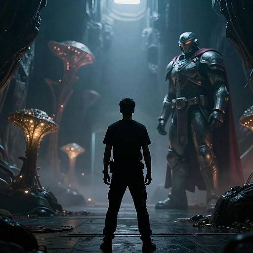 Futuristic Silhouette in Cavernous Hallway